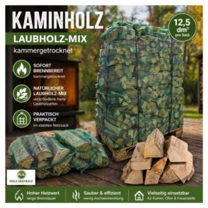 Kaminholz Laubholz MIX 12,5 dm³ 30-33 cm - Kiste 72 Netze -1,9 RM – Kammergetrocknetes Brennholz für Kamin und Ofen
