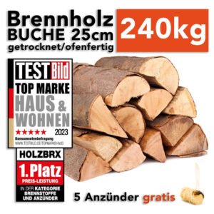 Brennholz Kaminholz Feuerholz Buche 240kg im Karton / 25cm Länge ofenfertig gesägt gespalten getrocknet (firewood beech / bois de chauffage hêtre) HOLZBRX