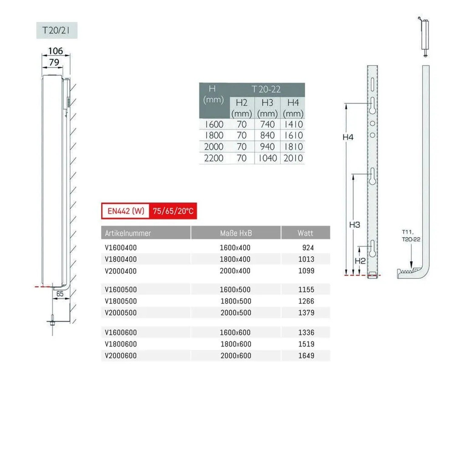 Belrad Vertikal Heizkörper Plan T20 2000 X 500 HxB 1374W – Bild 3