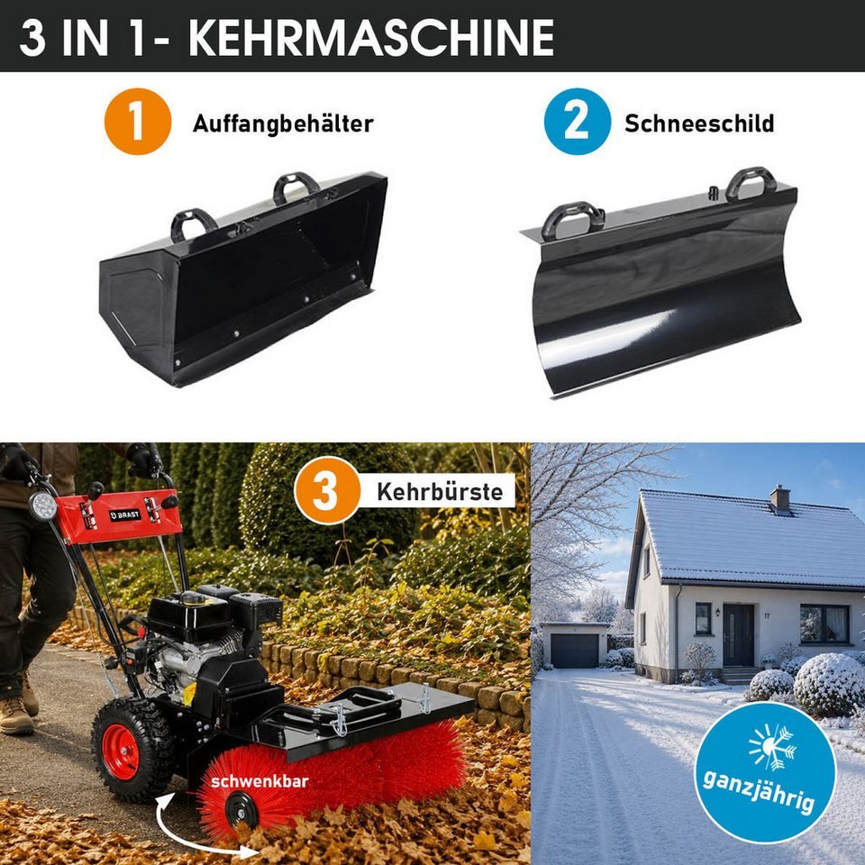 BRAST Benzin-Kehrmaschine 4-Takt Markenmotor, wechselbare Aufsätze, 5 Modelle, (inkl. Kehrbürste Laubsammler Schneeschieber), 3in1 Funktion – Bild 3