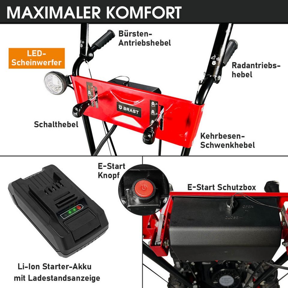 BRAST Benzin-Kehrmaschine 4-Takt Markenmotor, wechselbare Aufsätze, 5 Modelle, (inkl. Kehrbürste Laubsammler Schneeschieber), 3in1 Funktion – Bild 6